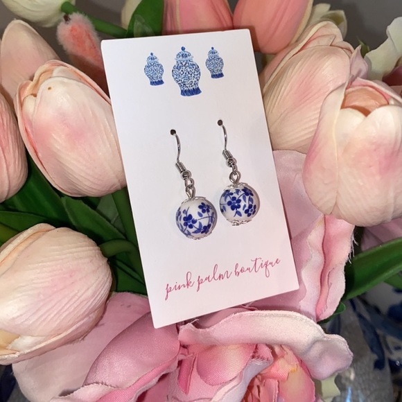 Chinoiserie Porcelain Dangle Earrings Pink+Green / Blue + White Grandmillennial - Picture 7 of 15